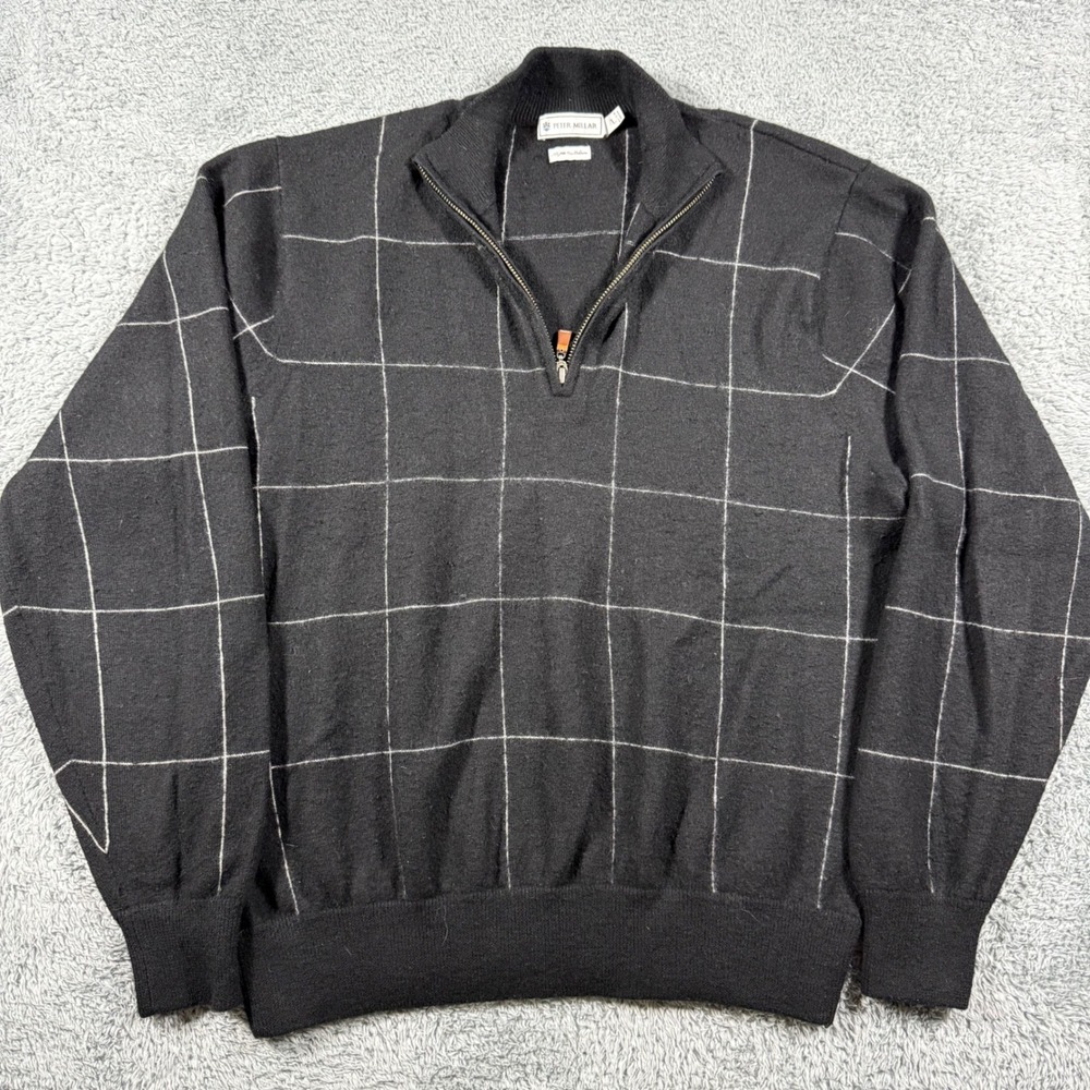 Peter Millar 100% Cashmere Sweater Mens Large Black Windowpane 2-Ply Quarter Zip